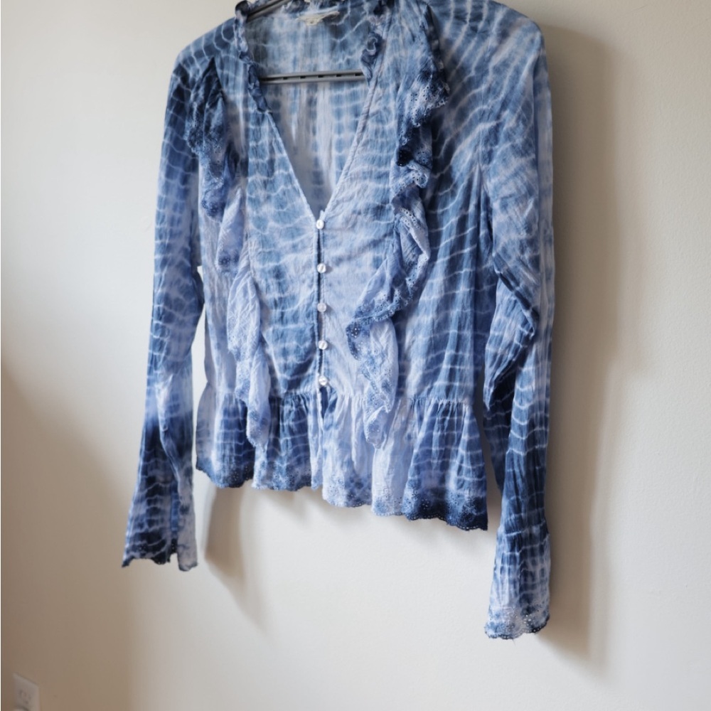 Blue Tie-Dye Women Top cotton free people style long sleeve button up flare